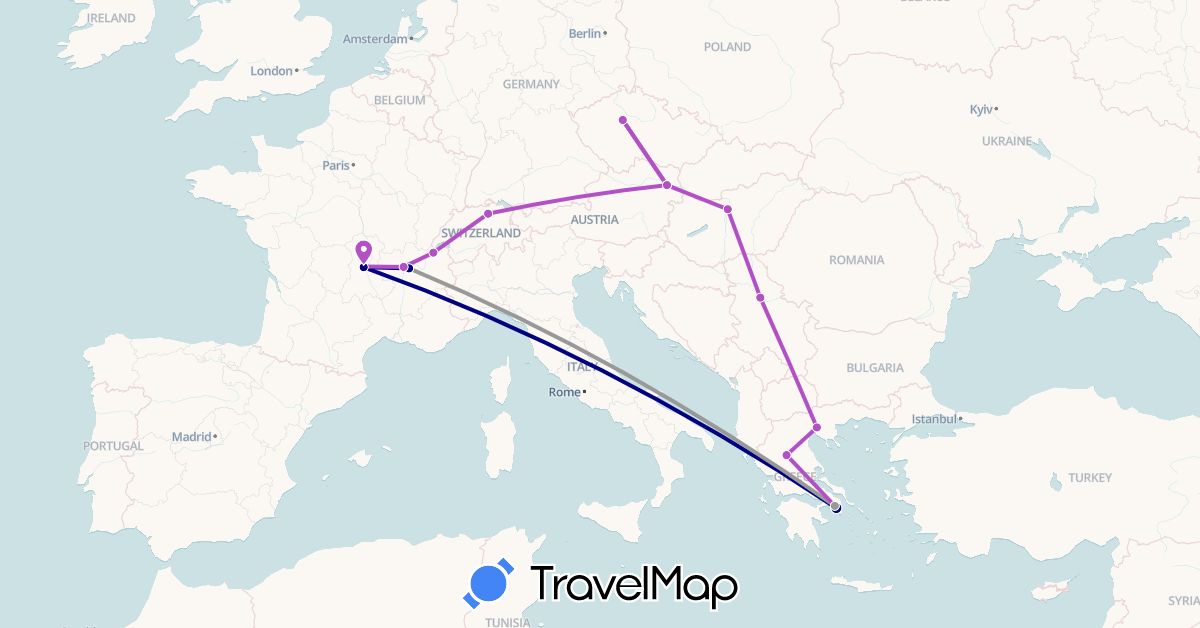 TravelMap itinerary: driving, plane, train in Austria, Switzerland, Czech Republic, France, Greece, Hungary, Serbia (Europe)